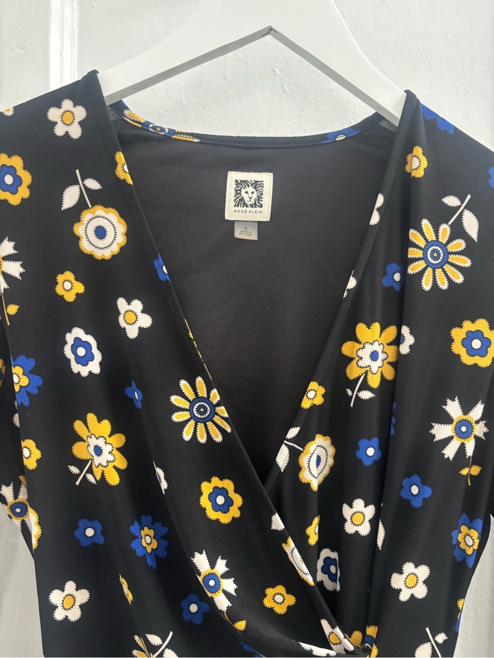 Anne Klein Black Floral Wrap Dress - Yellow & Blue Daisies 8